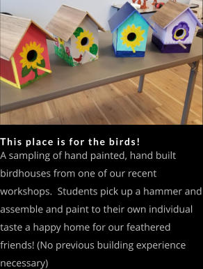 This place is for the birds! A sampling of hand painted, hand built birdhouses from one of our recent workshops.  Students pick up a hammer and assemble and paint to their own individual taste a happy home for our feathered friends! (No previous building experience necessary)